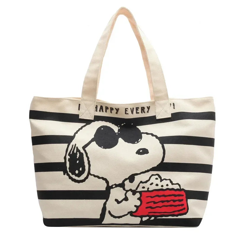 Striped Canvas Tote Bag – Cute Cartoon Print Large Shoulder Handbag