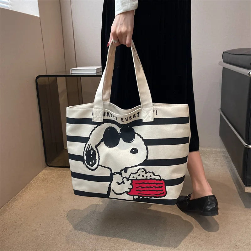 Striped Canvas Tote Bag – Cute Cartoon Print Large Shoulder Handbag