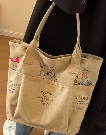 Adorable Bear Print Canvas Tote Bag – Large Capacity Shoulder Handbag