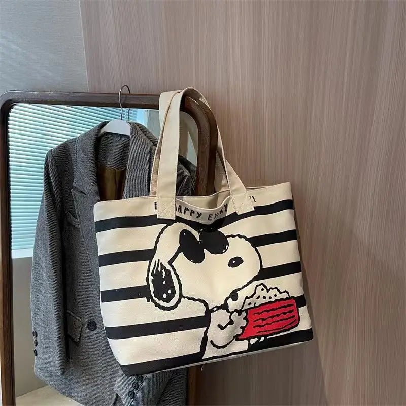 Striped Canvas Tote Bag – Cute Cartoon Print Large Shoulder Handbag