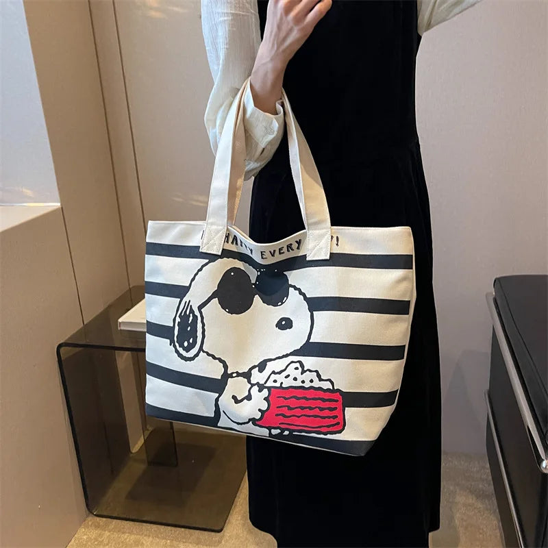 Striped Canvas Tote Bag – Cute Cartoon Print Large Shoulder Handbag